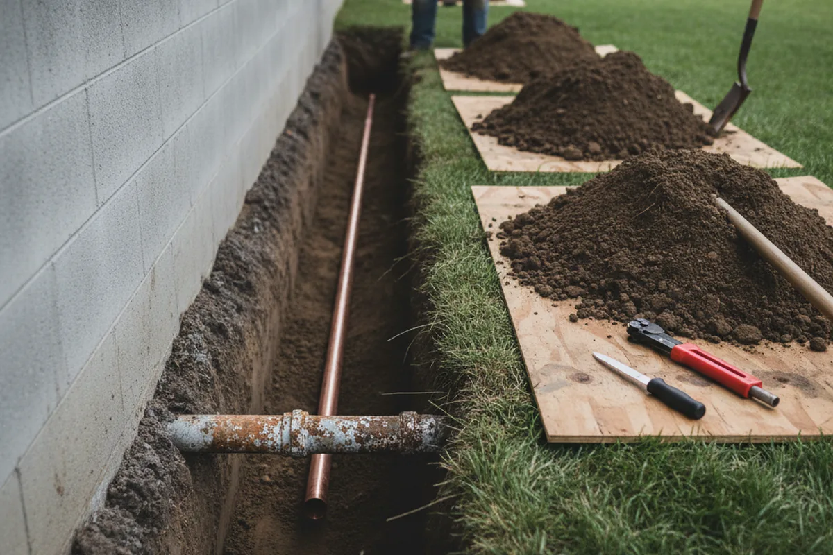 Excavated water line trench during Water Softener Installation in Maynard